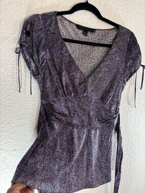 Express Babydoll Top Floral Purple Blue Silk V-Neck Back-Tie Women Sz Small Y2K